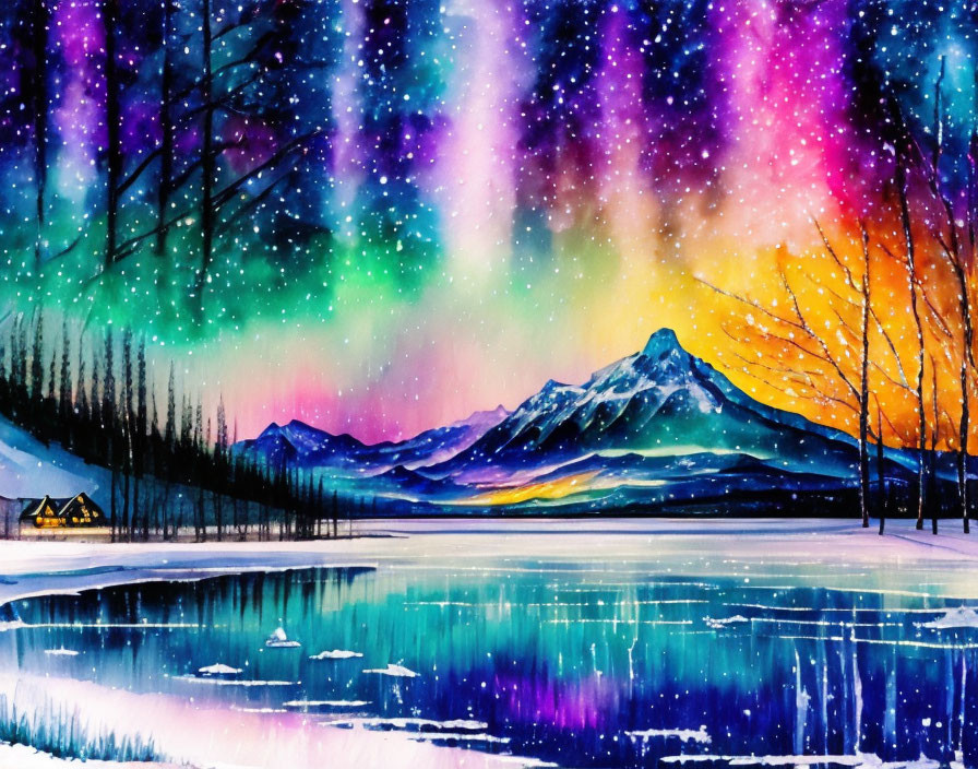 Scenic watercolor: aurora night sky, snowy landscape, mountain, trees, lake, cabin
