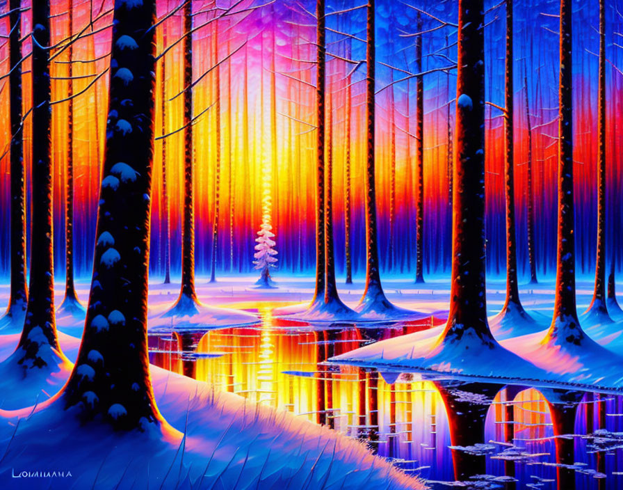 Snow-covered trees in vibrant forest with blue and orange hues