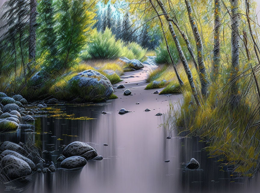 Serene river reflecting trees, rocks, grasses, and forested pathway