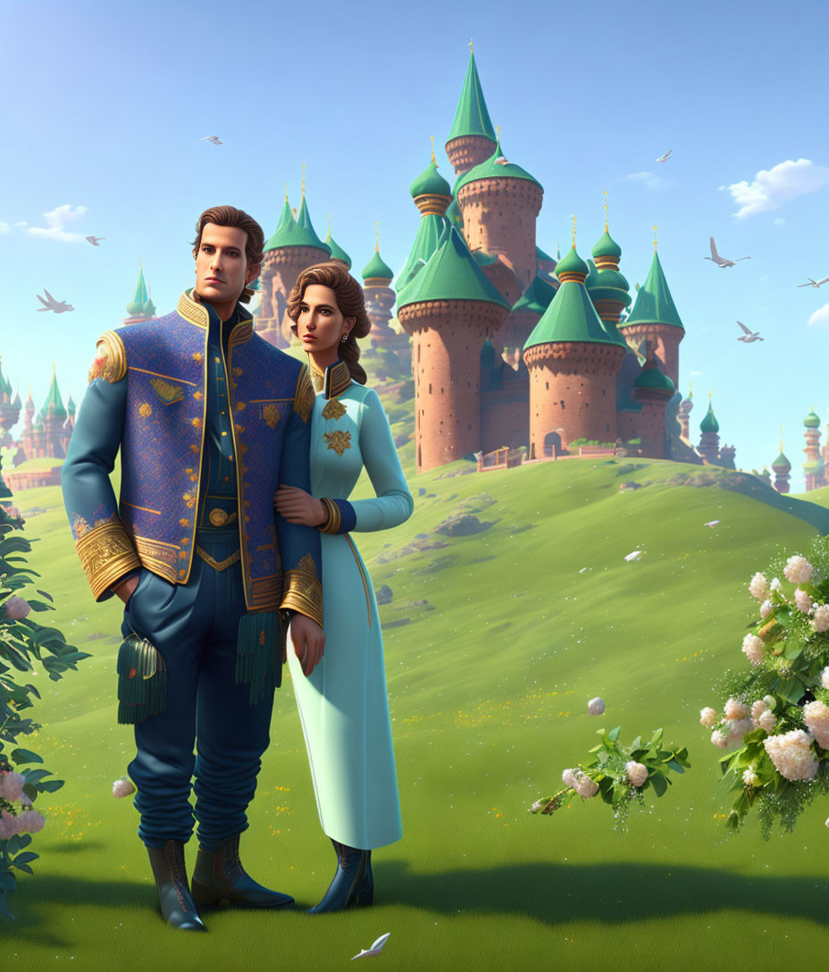 Royal prince and princess by fairy-tale castle in serene landscape
