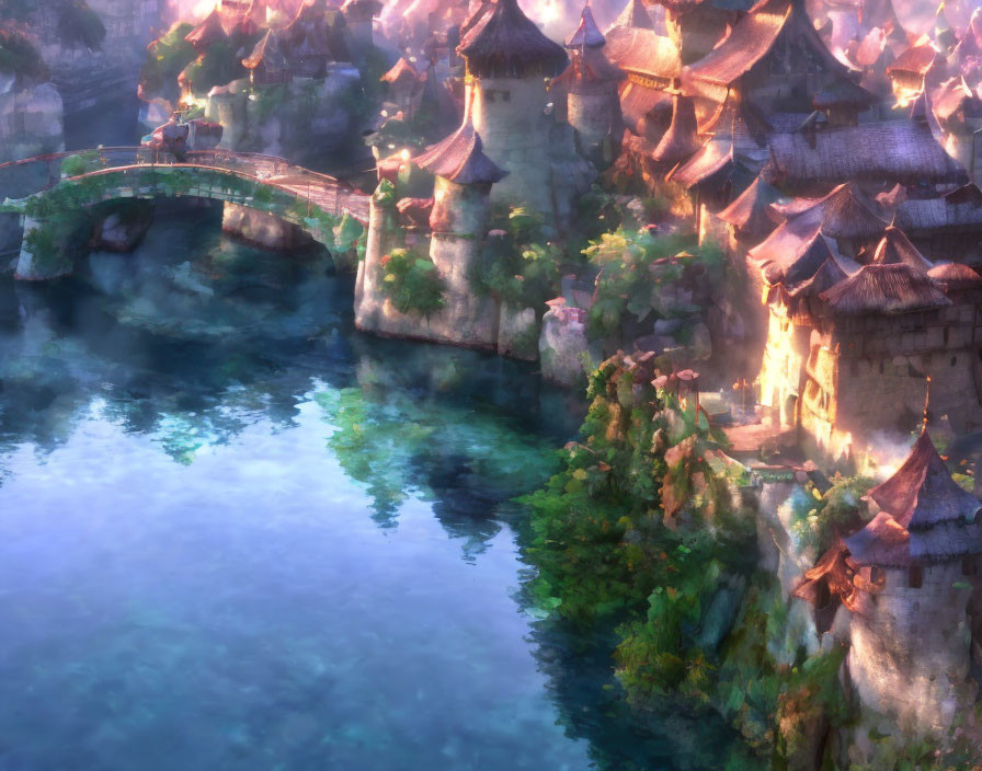 Tranquil fantasy village with traditional houses and stone bridge at sunset