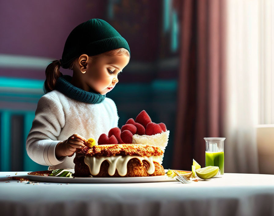 Child in beanie and sweater with slice of cake and drink on table