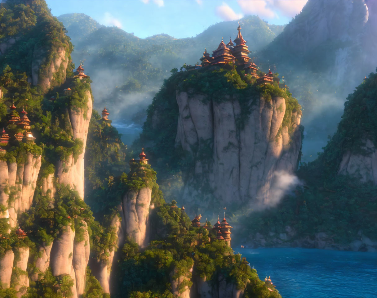 Mystical landscape: towering cliffs, pagoda-style structures, mist, tranquil sea