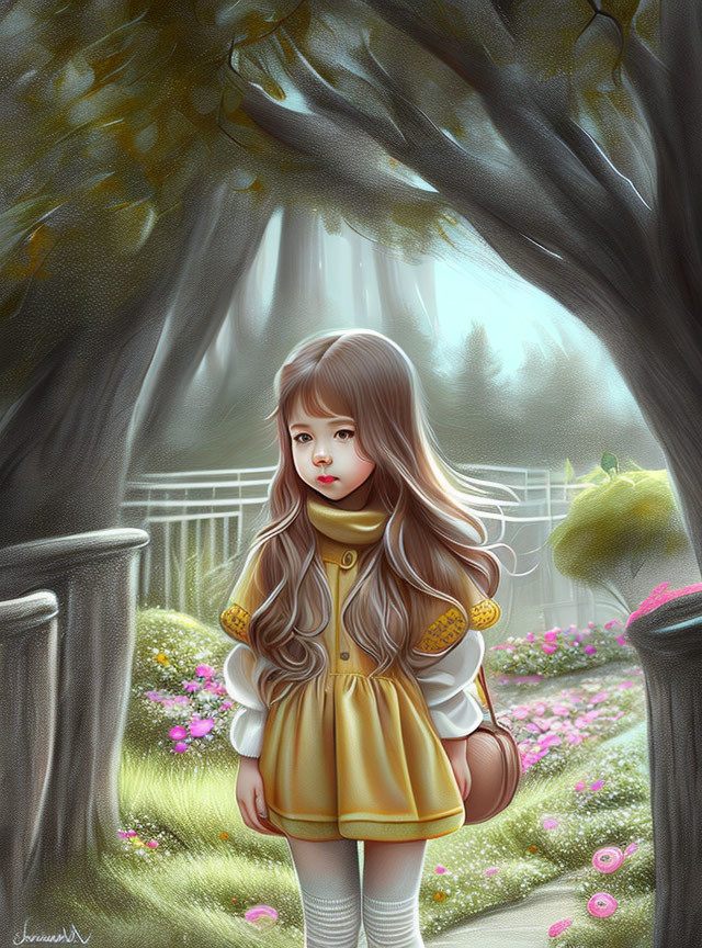 Young girl in yellow dress in whimsical garden with trees and flowers