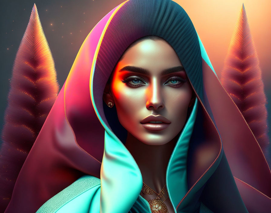 Digital artwork of woman with blue eyes and elegant makeup in colorful hooded garment against glowing tree backdrop