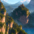 Mystical landscape: towering cliffs, pagoda-style structures, mist, tranquil sea