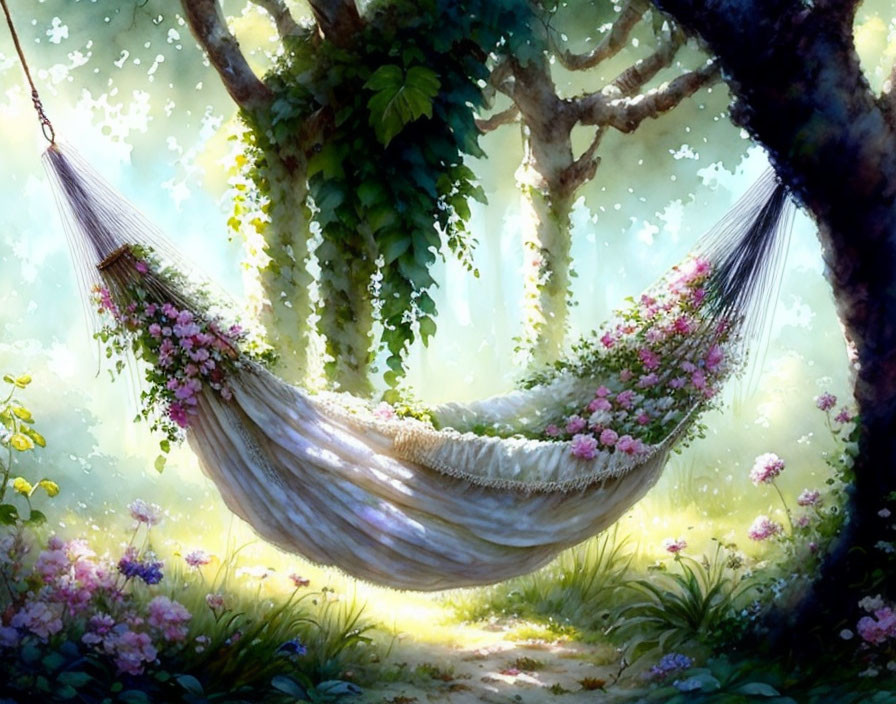 Tranquil forest scene with hammock and flowers under soft sunlight
