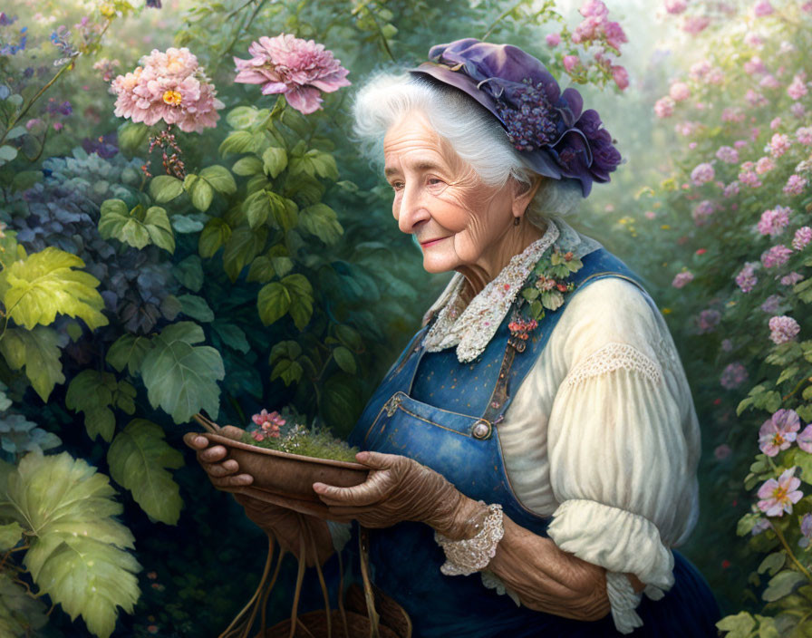 Elderly woman in blue apron and purple headscarf admires plant in lush garden