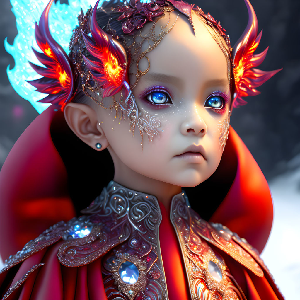 Child digital artwork with red and gold fantasy headdress and glowing embellishments.