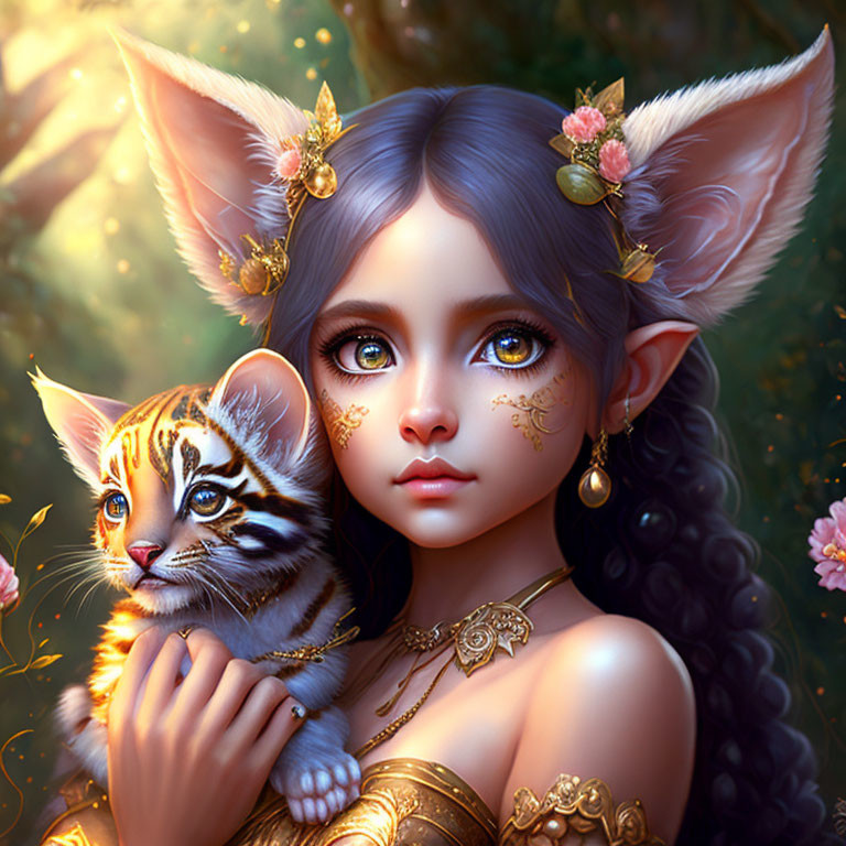 Fantasy illustration of girl with feline ears and tiger cub in magical forest