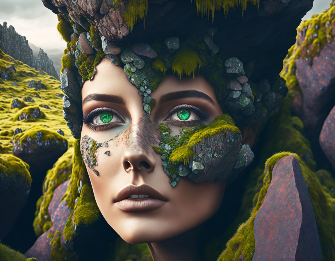 Digital artwork blending woman's face with earthy textures, moss, and rocks symbolizing nature connection
