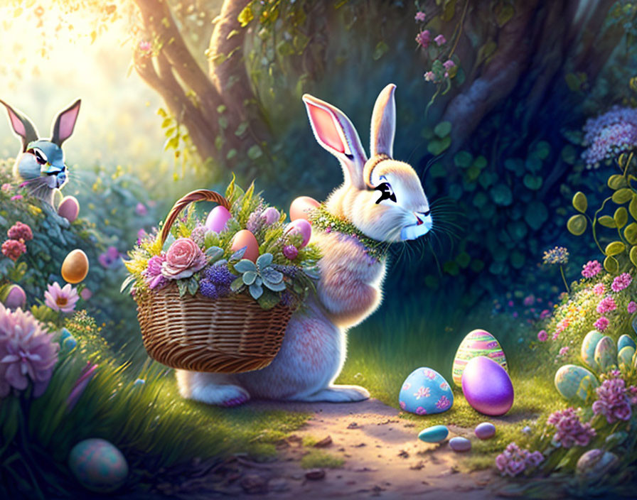 Colorful rabbit with Easter basket in enchanted forest clearing