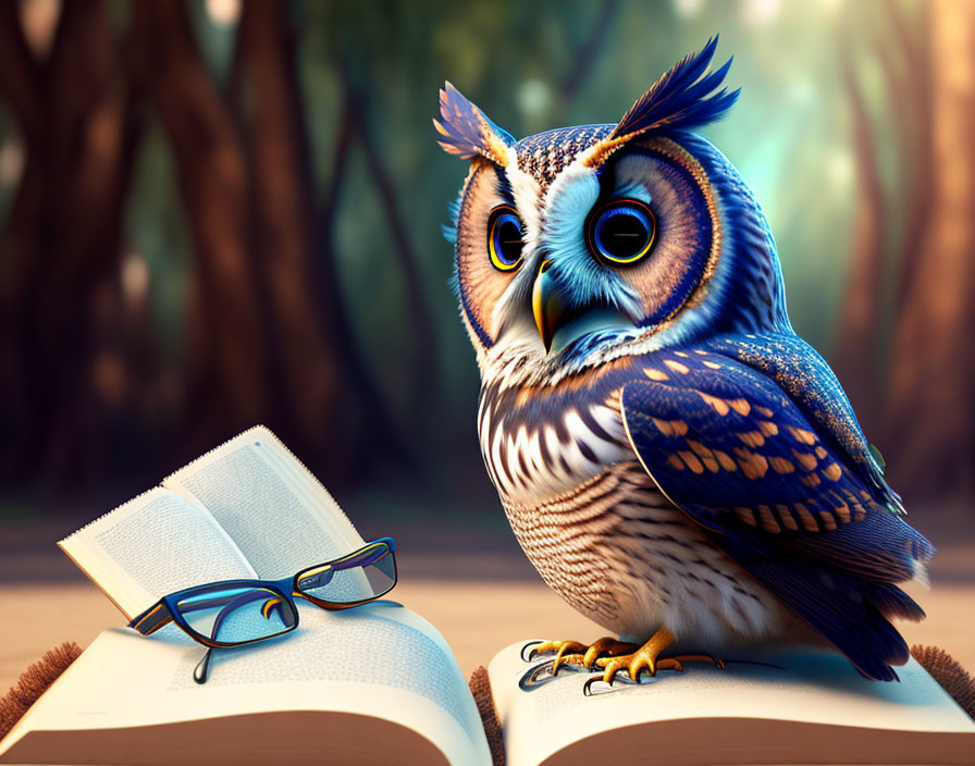 Scholarly owl with large eyes perched by open book and glasses in forest setting