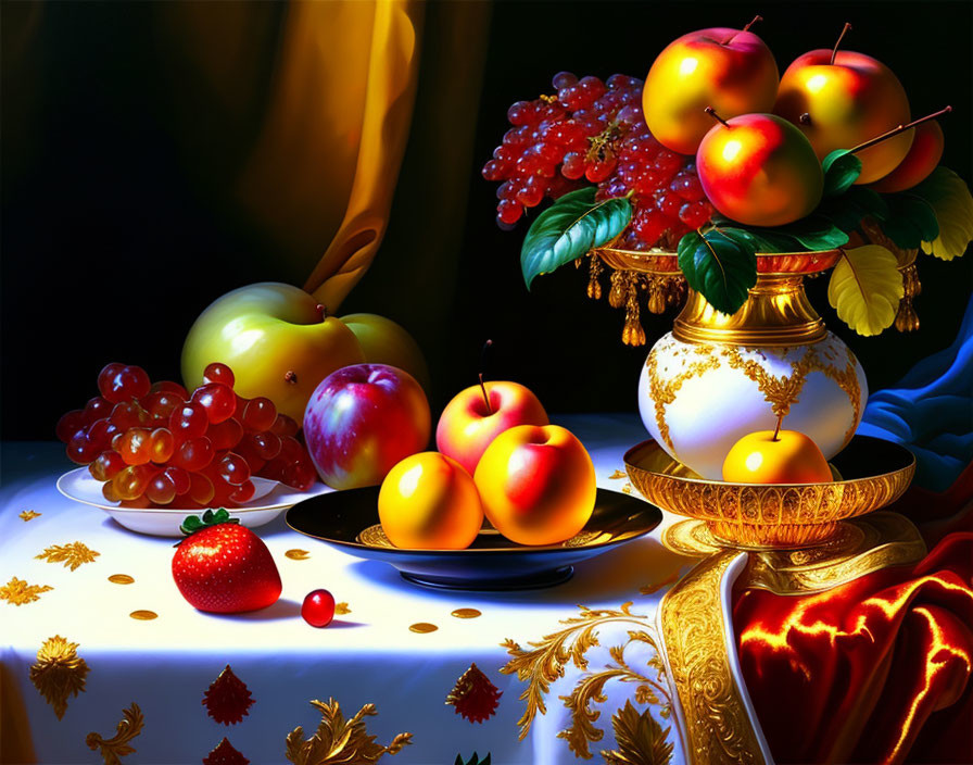 Colorful still life painting with fruits and gold-trimmed vessels on a table