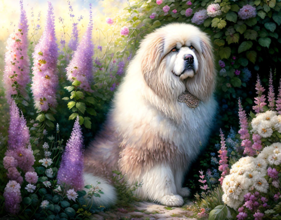 Fluffy White Dog Sitting Among Colorful Garden Flowers