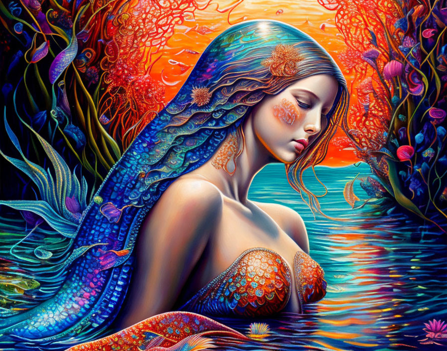 Colorful Mermaid Illustration with Intricate Scales and Coral Flora