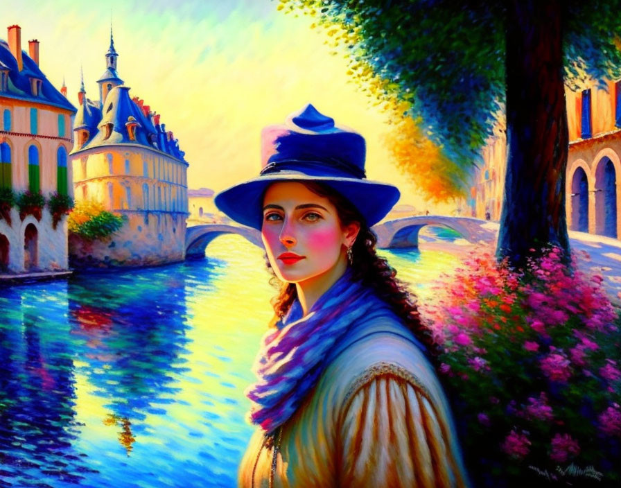 Ethereal painting of woman in blue hat by river