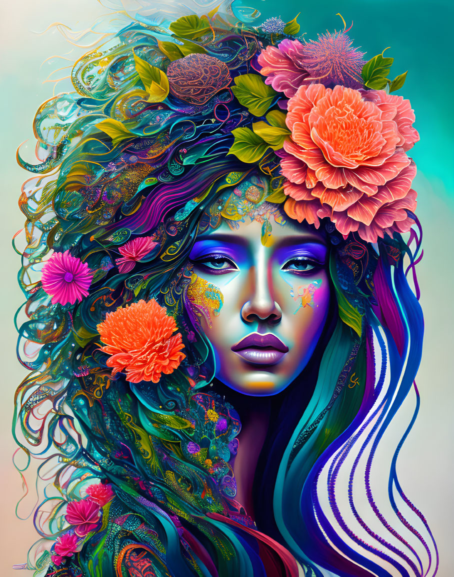 Colorful artwork: Woman with flowing hair surrounded by rich flora in blues and greens on teal background