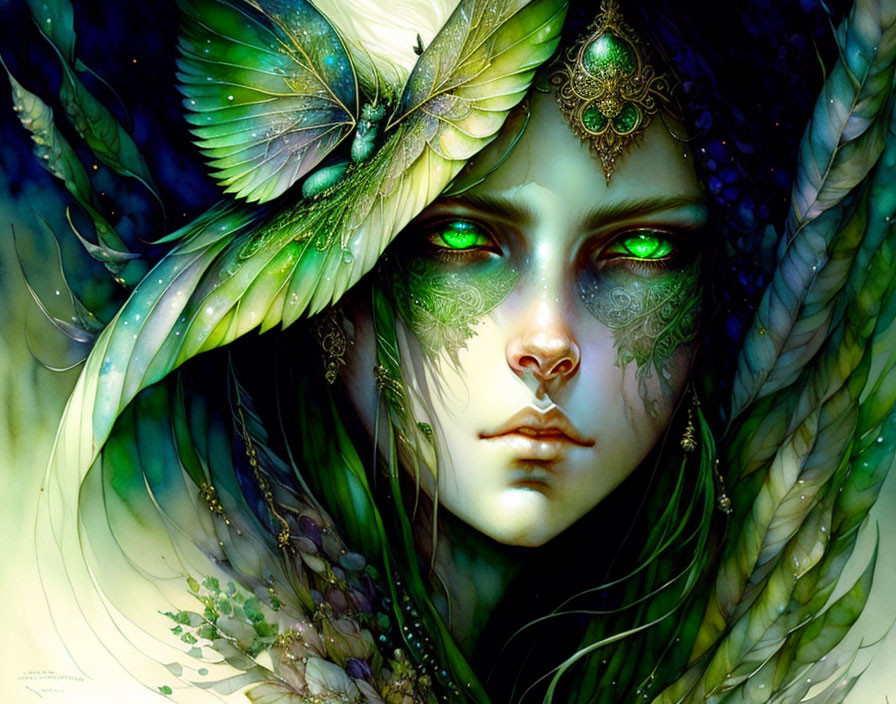 Ethereal figure with green eyes, feathered headwear, golden jewelry, and lush greenery