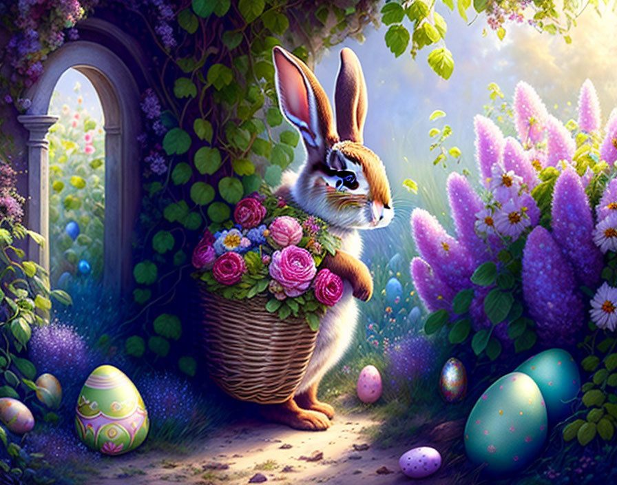 Colorful Easter scene with whimsical rabbit and flowers in vibrant garden