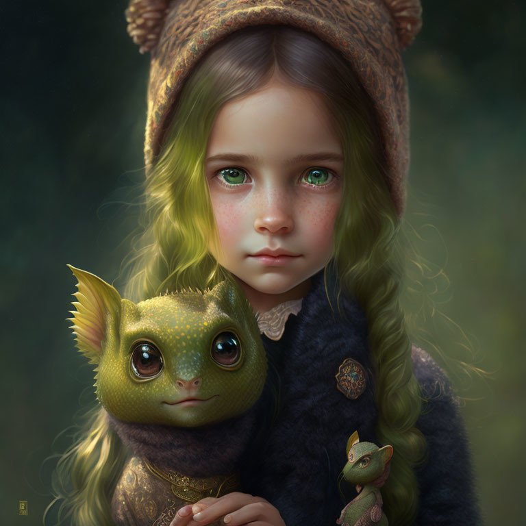 Young girl with green eyes holding fantastical green creature in furry hood.