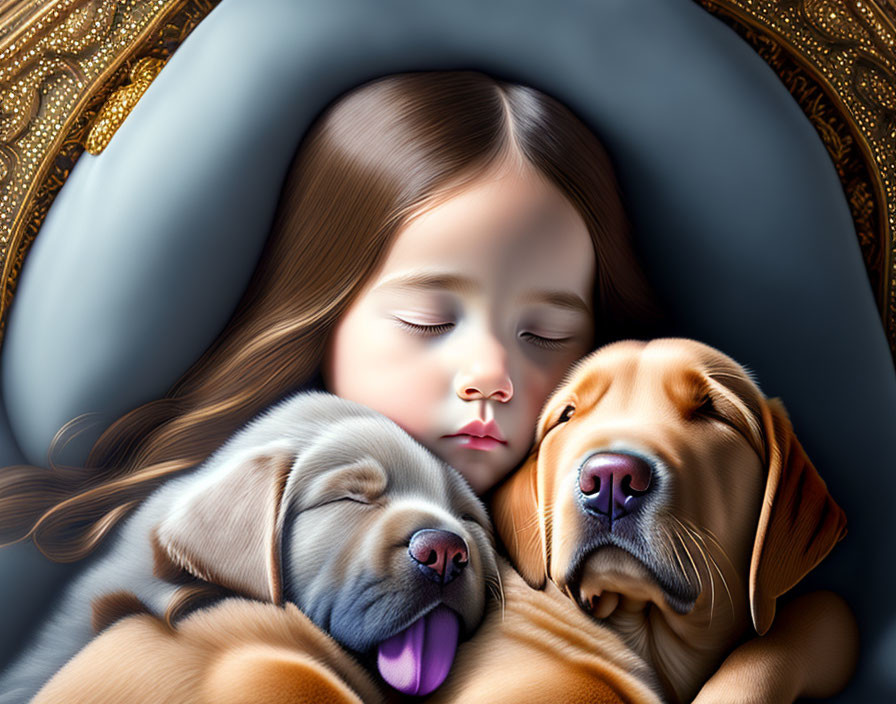 Young girl napping with two cute sleeping puppies