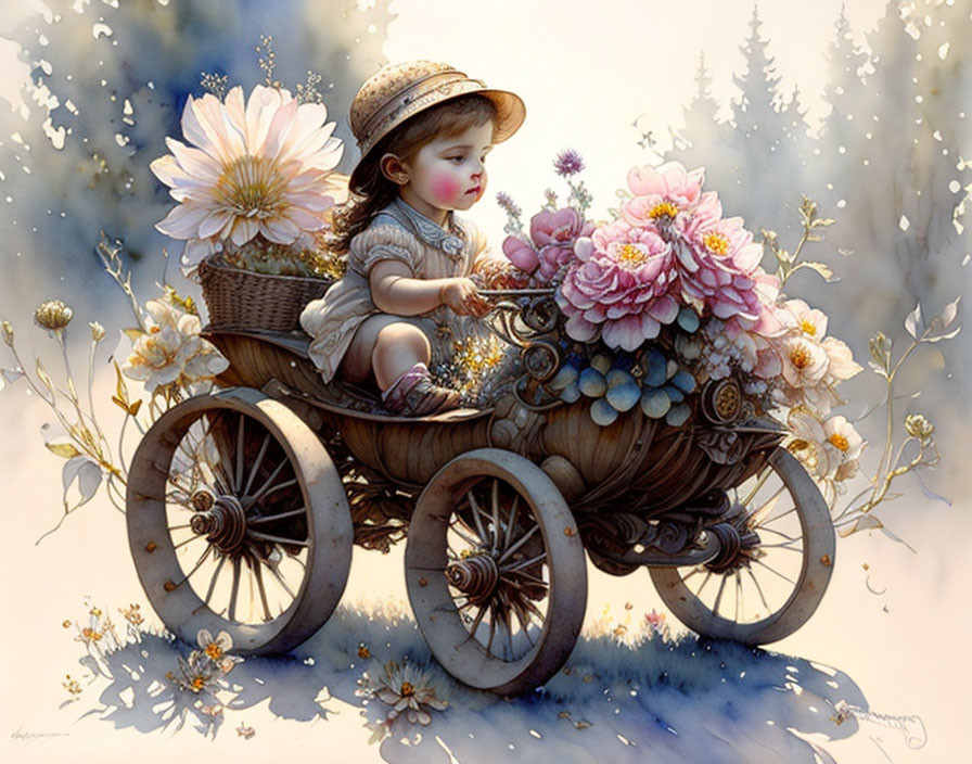Child in wooden cart among colorful flowers in dreamy forest landscape
