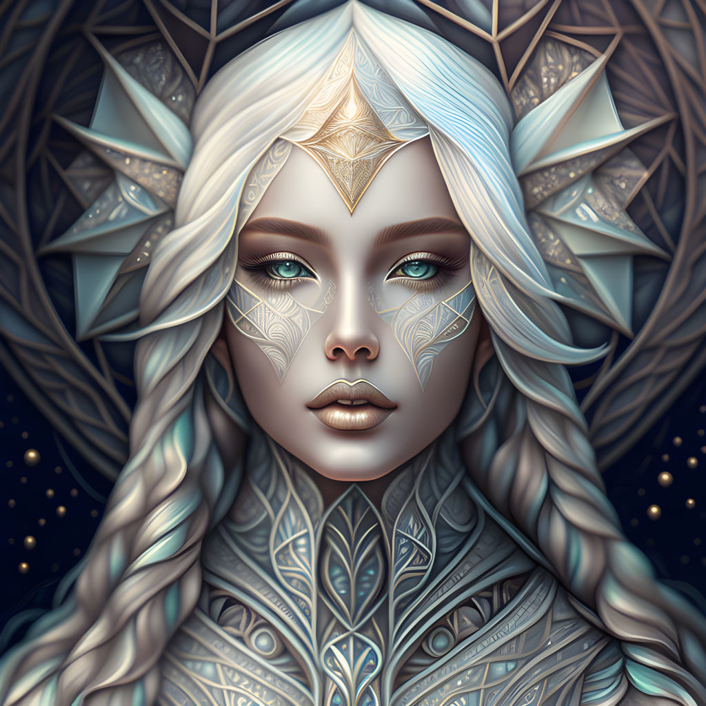 Fantasy female illustration with silver hair, face markings, blue eyes, elvish crown, and