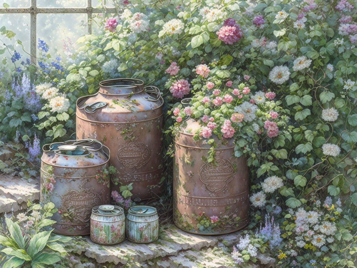Vintage milk cans in a flower garden with rustic windowpane