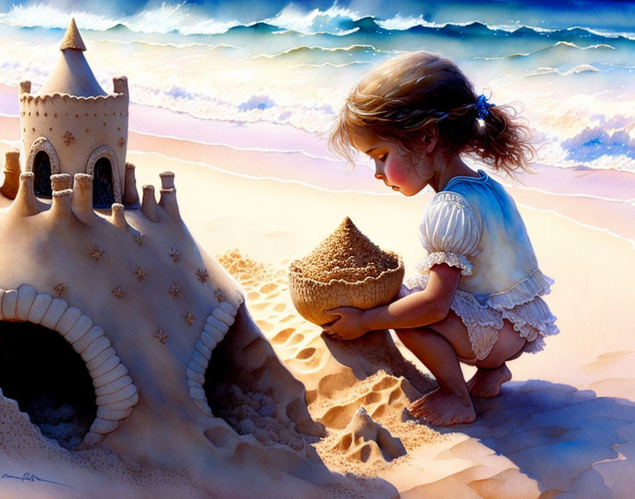 Young girl in white and blue dress building sandcastle on sunny beach