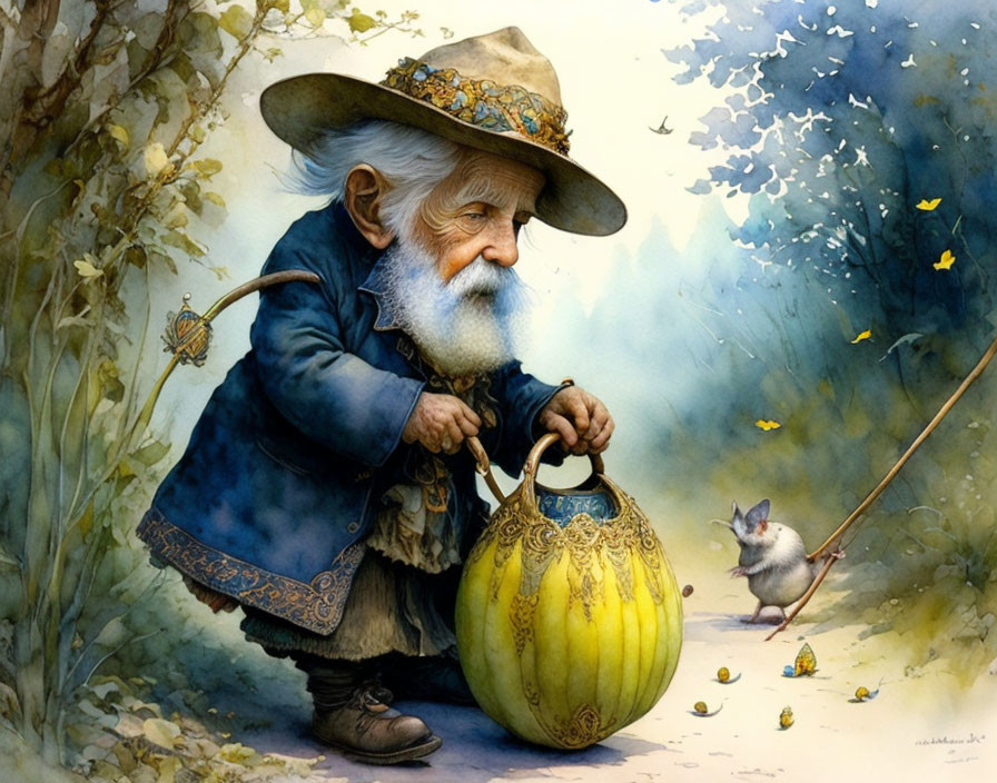 Elderly character with long beard watering pumpkin in forest scene