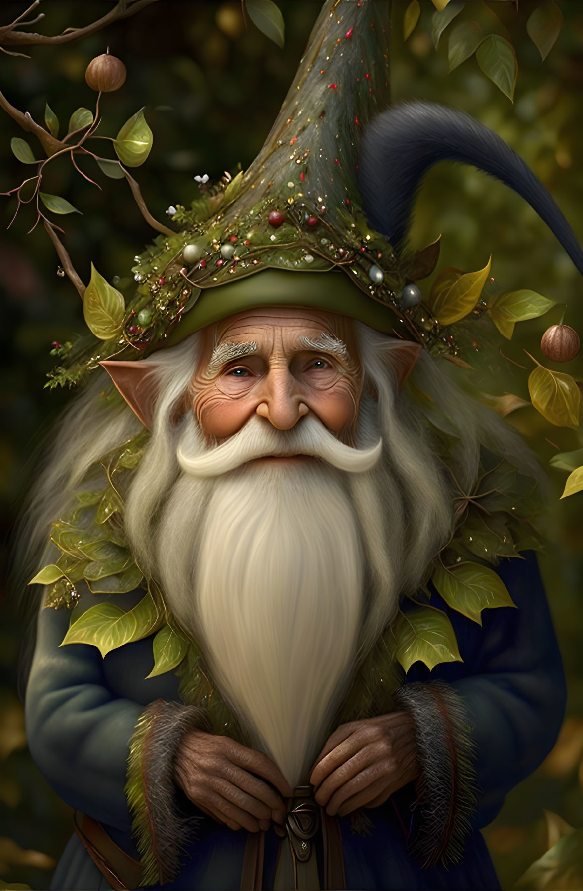 Elderly wizard with long white beard in forest setting