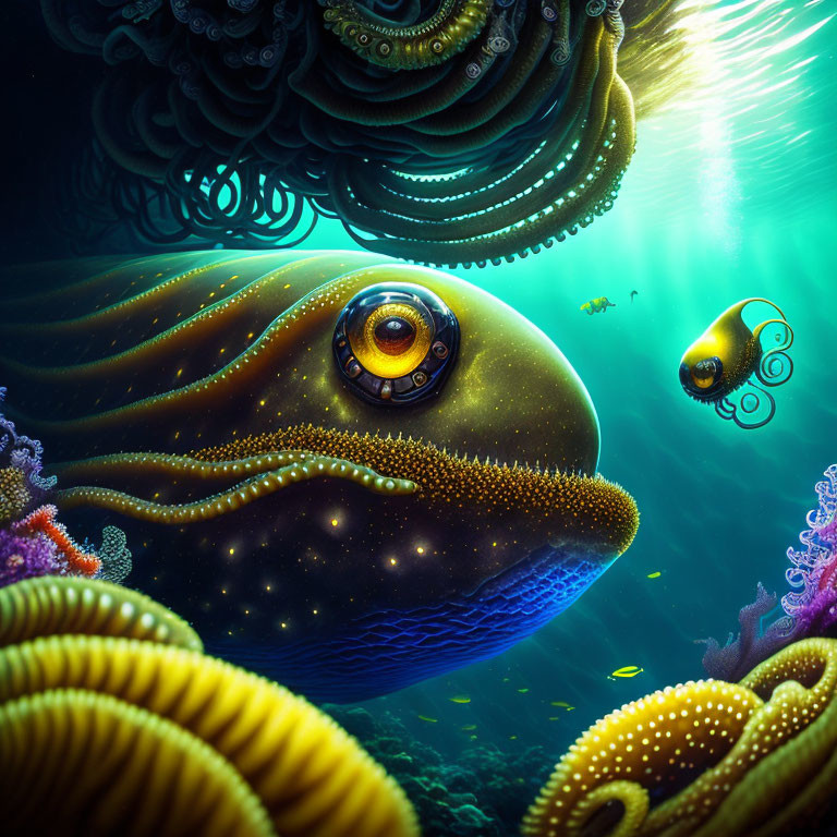 Colorful Underwater Scene with Whimsical Creatures and Coral Structures