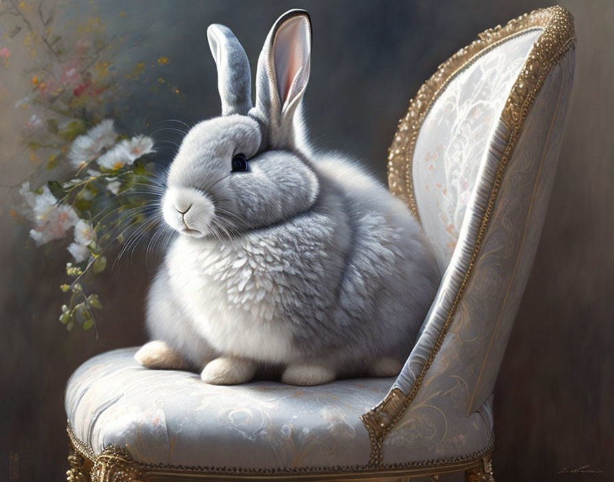 Gray rabbit on vintage cream chair with floral embroidery in misty setting