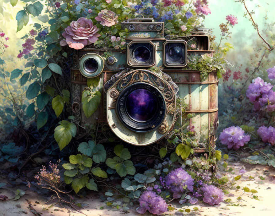 Vintage Camera Surrounded by Lush Flowers and Fantasy Foliage