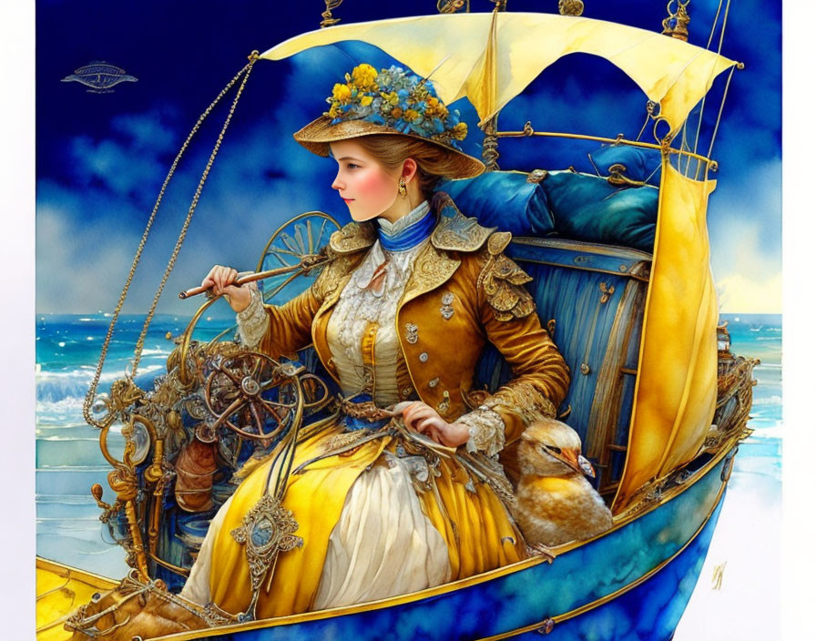 Woman in Vintage Yellow Dress Pilots Fantasy Airship over Tranquil Ocean