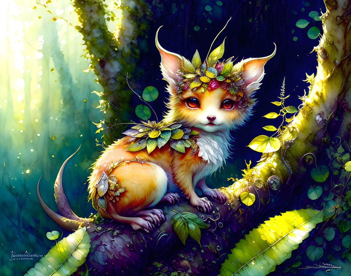 Illustration of a fox-like creature in enchanted forest with leaves.