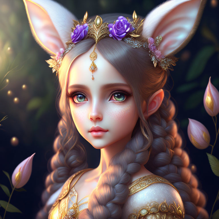 Fantasy Artwork: Young Female Character with Elf-like Ears and Jeweled Headpiece