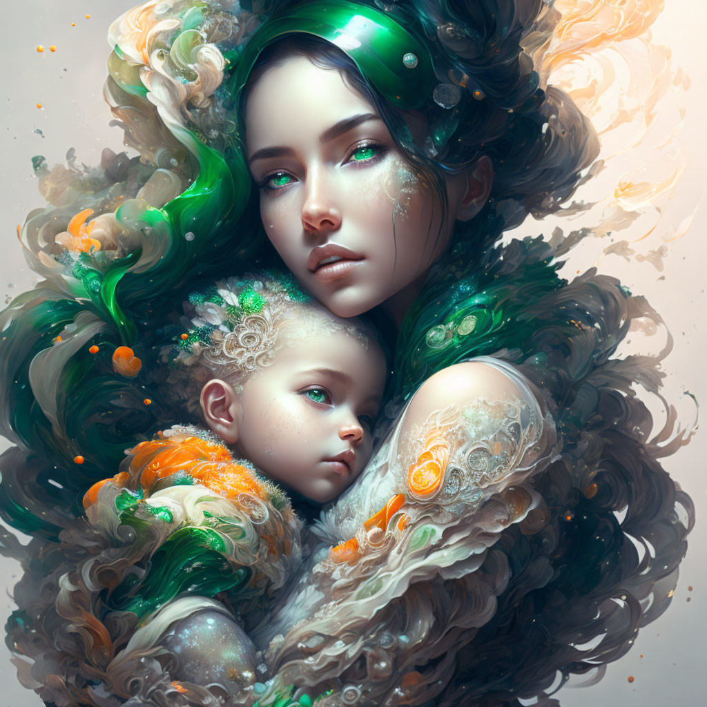 Digital painting: Woman with green hair and child in colorful, ornate setting