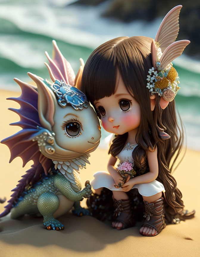 Illustrated girl with long brown hair and flowers sitting next to whimsical dragon on beach