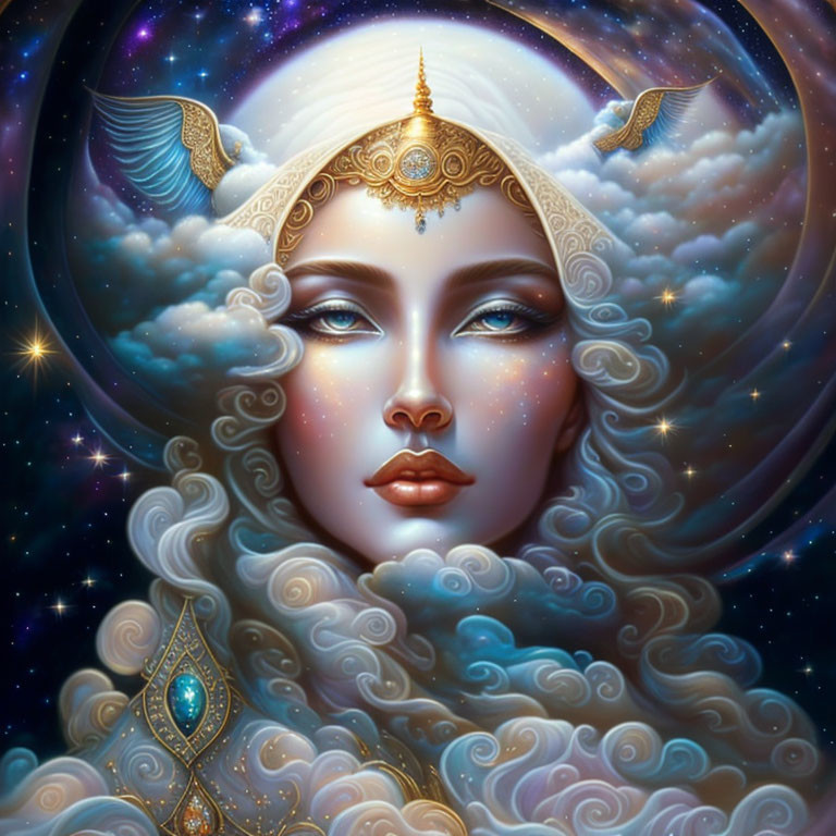 Mystical woman with golden headpiece and blue eyes in celestial setting