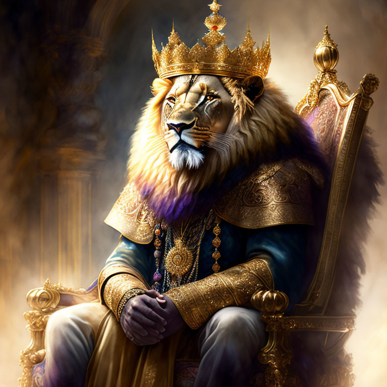 Regal lion on throne with crown and robes