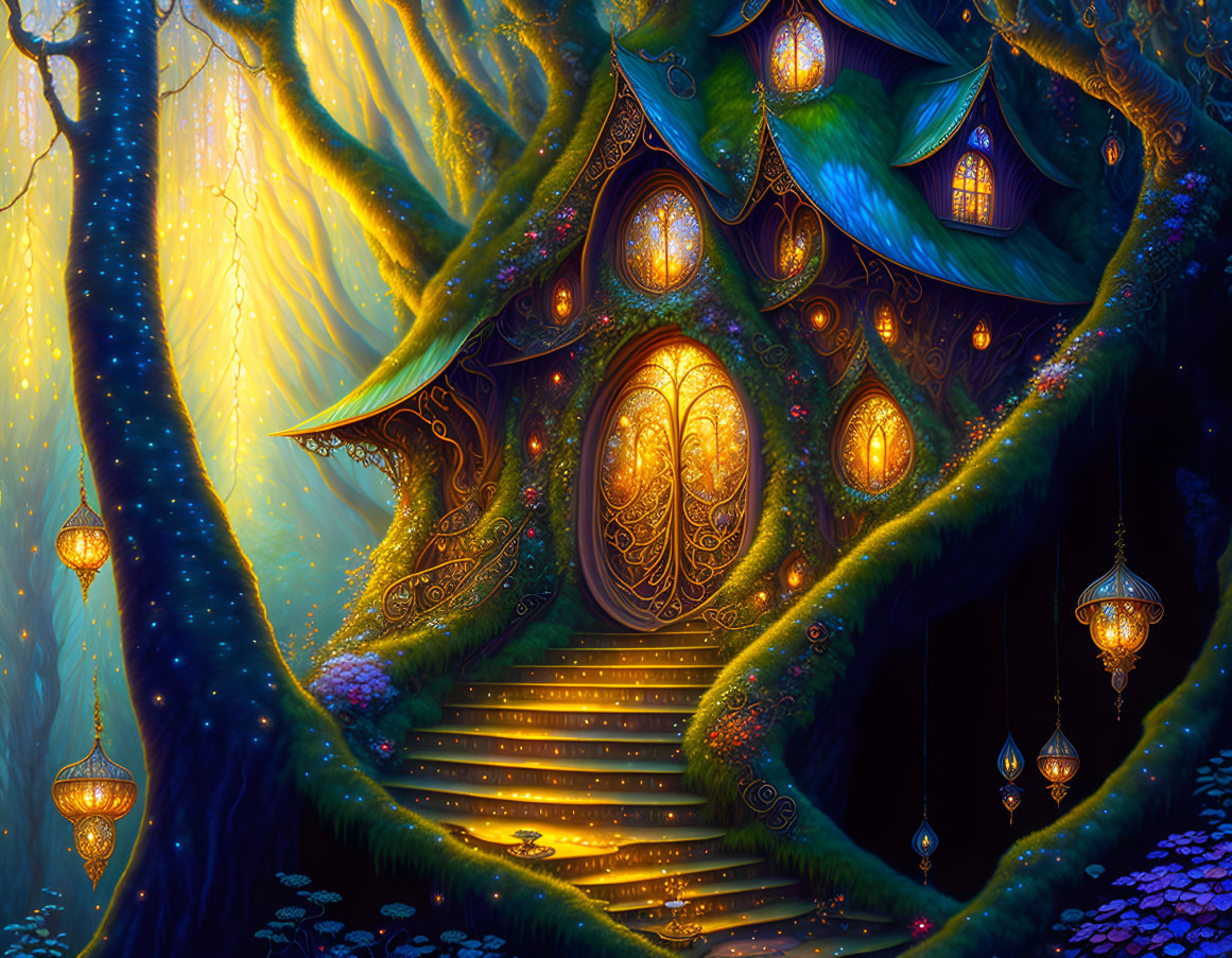 Enchanted treehouse with golden doors, lanterns, and spiral staircase in mystical forest