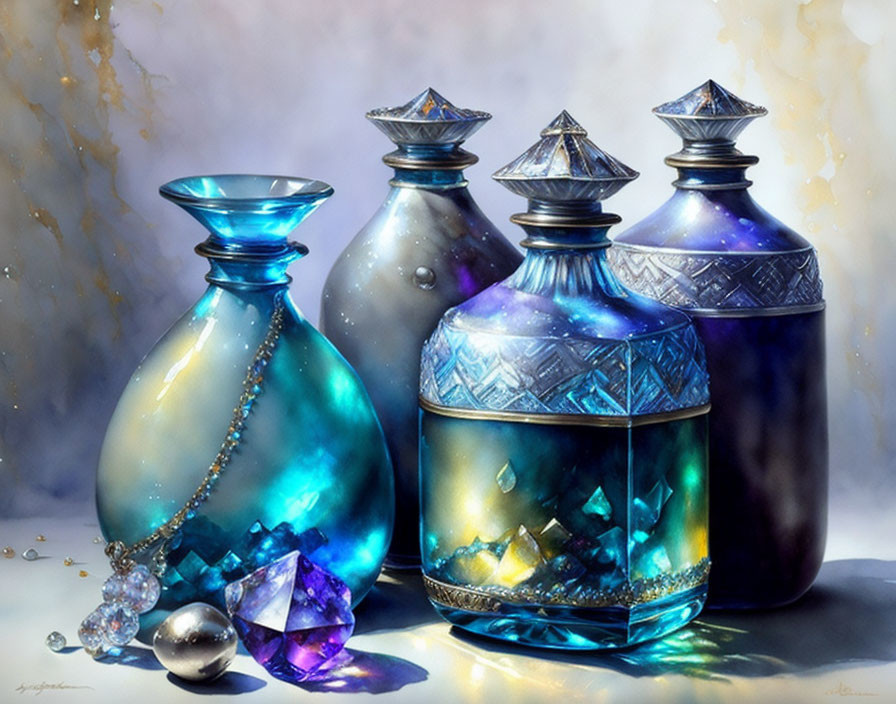 Colorful Glass Bottles with Metallic Lids & Crystals on Soft Backdrop