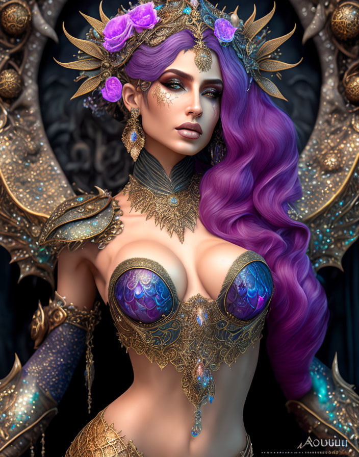 Fantasy illustration of woman in purple hair and ornate gold armor with floral and peacock feather motifs