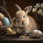Fluffy bunny with Easter eggs, flowers, and bunny figurine
