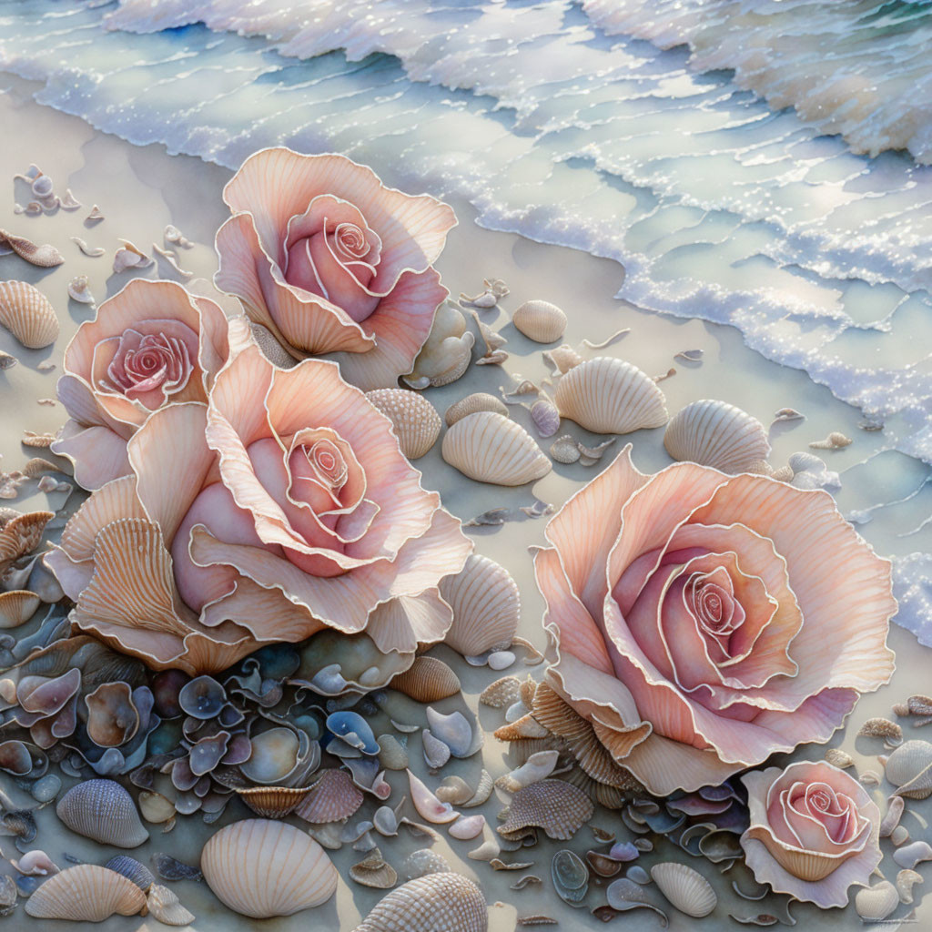 Roses and shells on the beach
