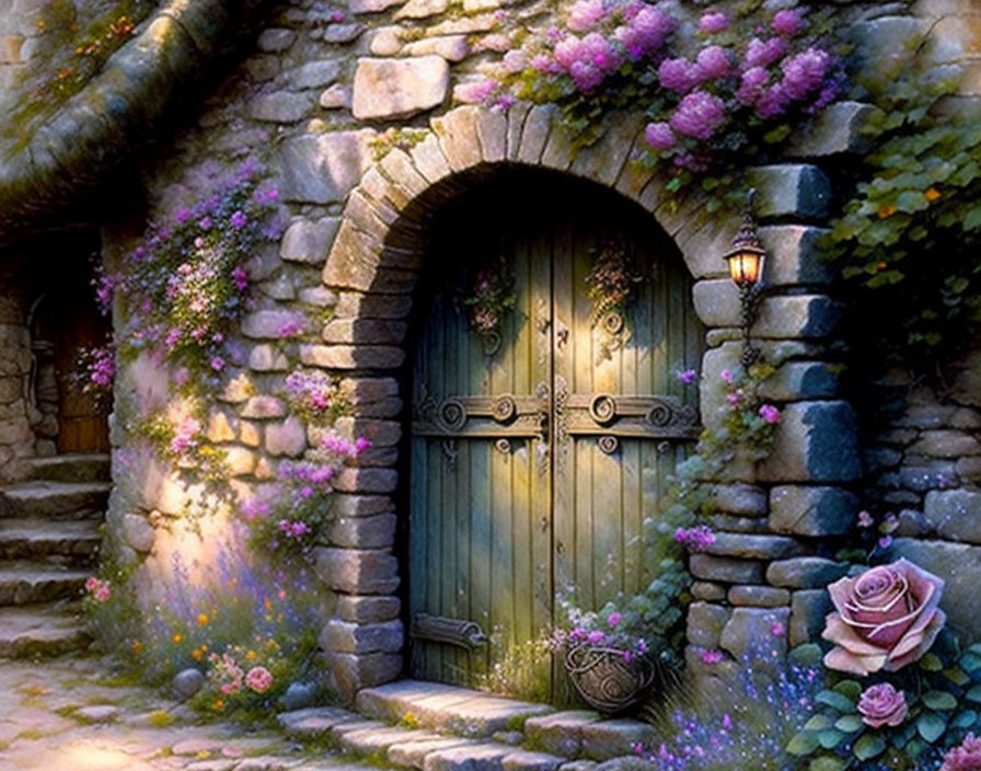 Enchanted cottage with curved green door, ironwork, stone walls, pink flowers, lush green