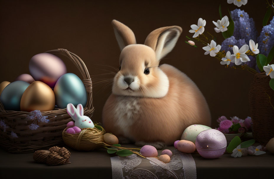 Fluffy bunny with Easter eggs, flowers, and bunny figurine