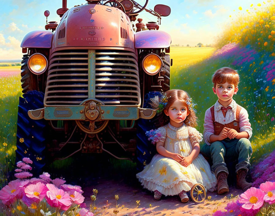 Children sitting by old tractor in colorful flower field under sunny sky